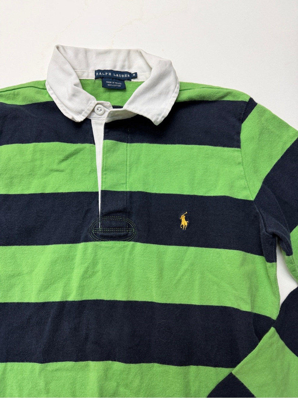 Vintage Y2K Ralph Lauren Green & Navy Blue Striped Rugby Polo Shirt Collared - Picture 2 of 5